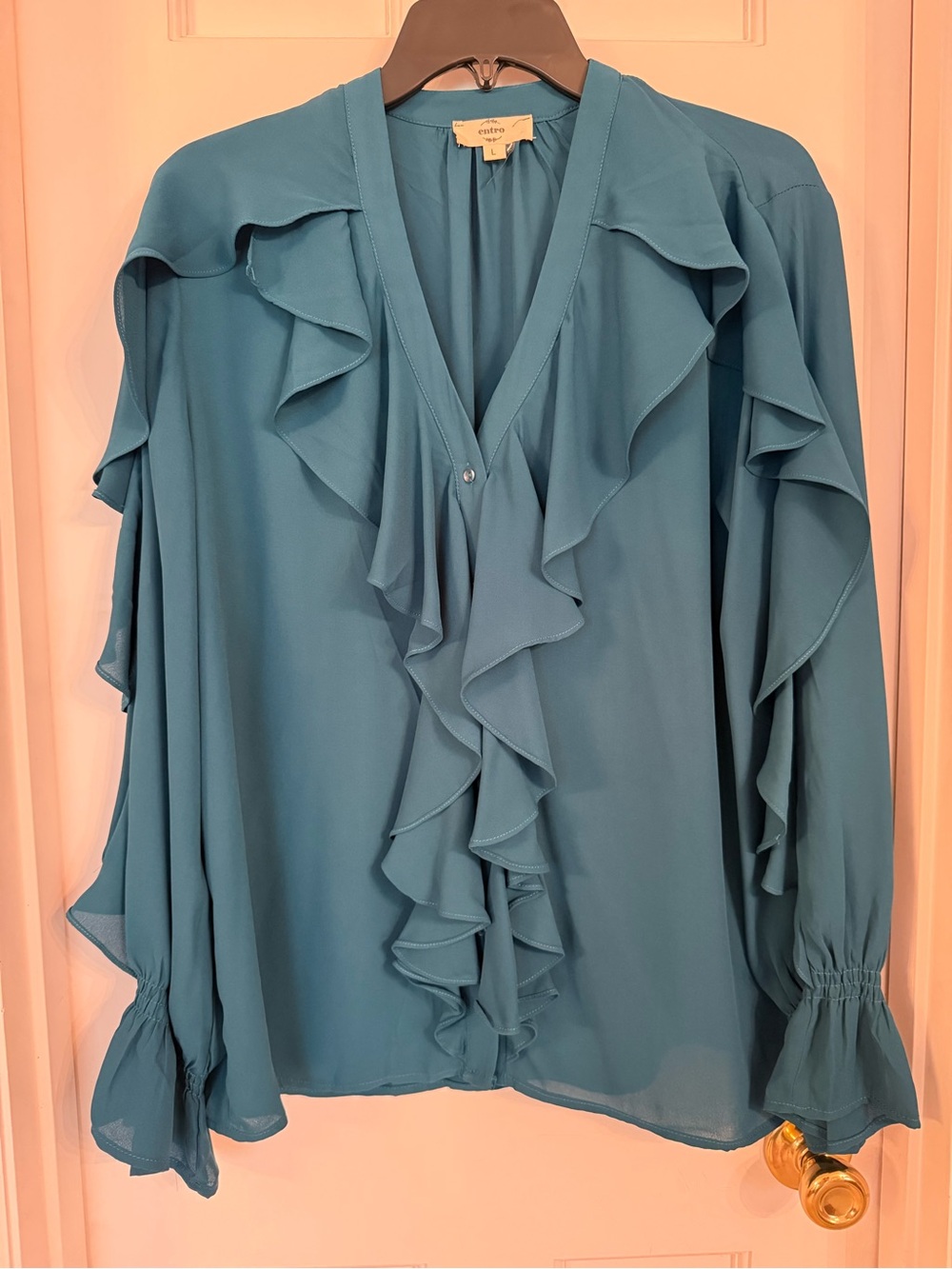 entro Teal Ruffled V-Neck Blouse
